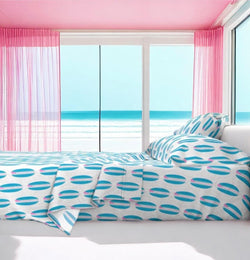Aqua Ocean Blue and Soft Pink Classic Surfboards Sheet Set from Surfer Bedding™️ Medium Scale - Extremely Stoked