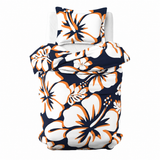 Navy Blue, Orange & White Hawaiian Flowers Duvet Cover – Large Scale – Extremely Stoked® Eco Luxe Beach Bedding