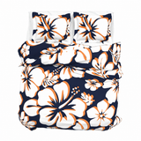 Navy Blue, Orange & White Hawaiian Flowers Duvet Cover – Large Scale – Extremely Stoked® Eco Luxe Beach Bedding