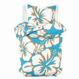 Aqua Blue, Orange & White Hawaiian Flowers Duvet Cover – Large Scale – Extremely Stoked® Eco Luxe Beach Bedding