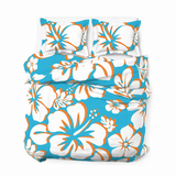 Aqua Blue, Orange & White Hawaiian Flowers Duvet Cover – Large Scale – Extremely Stoked® Eco Luxe Beach Bedding