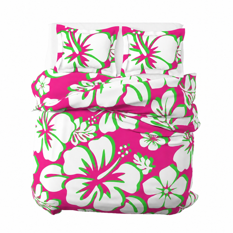 Hot Pink, Lime & White Hawaiian Flowers Duvet Cover – Large Scale – Extremely Stoked® Eco Luxe Beach Bedding
