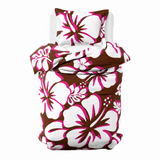Brown, Hot Pink & White Hawaiian Flowers Duvet Cover – Large Scale – Extremely Stoked® Eco Luxe Beach Bedding