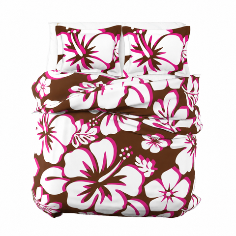 Brown, Hot Pink & White Hawaiian Flowers Duvet Cover – Large Scale – Extremely Stoked® Eco Luxe Beach Bedding