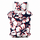 Navy Blue, Red & White Hawaiian Flowers Duvet Cover – Large Scale – Extremely Stoked® Eco Luxe Beach Bedding