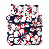 Navy Blue, Red & White Hawaiian Flowers Duvet Cover – Large Scale – Extremely Stoked® Eco Luxe Beach Bedding