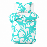 Turquoise & White Hawaiian Flowers Duvet Cover – Large Scale – Extremely Stoked® Eco Luxe Beach Bedding