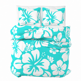 Turquoise & White Hawaiian Flowers Duvet Cover – Large Scale – Extremely Stoked® Eco Luxe Beach Bedding