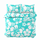 Turquoise & White Hawaiian Flowers Duvet Cover – Large Scale – Extremely Stoked® Eco Luxe Beach Bedding