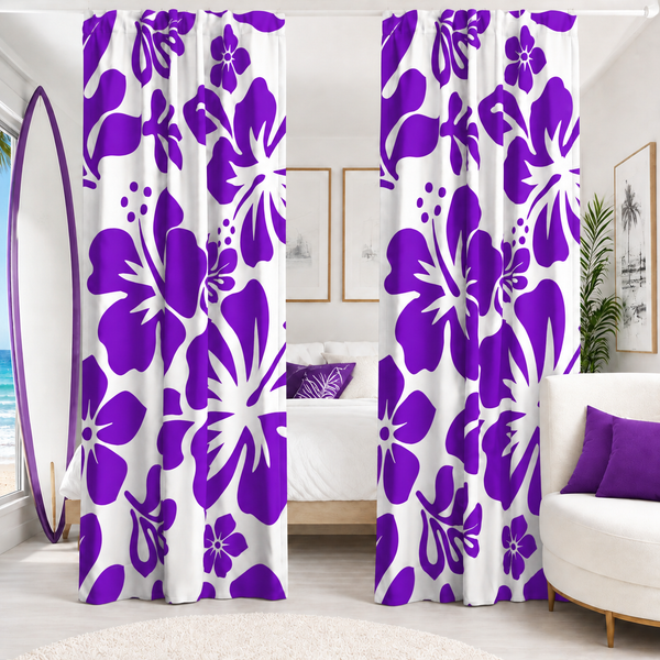 Purple Hawaiian Flowers on White Window Curtains - Extremely Stoked® Eco Beach Luxe Collection - Large Scale