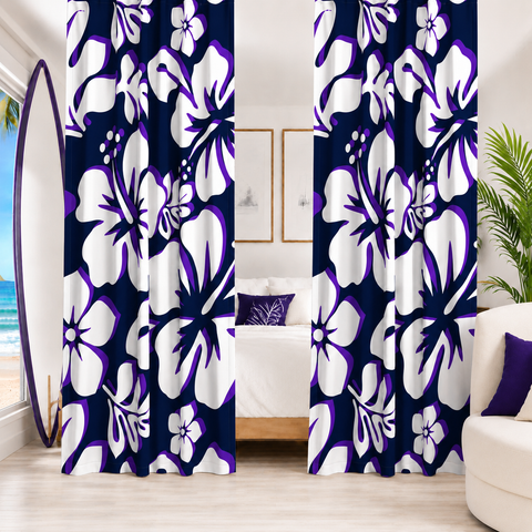 Navy Blue, Purple and White Hawaiian Flowers Window Curtains - Extremely Stoked® Eco Beach Luxe Collection - Large Scale