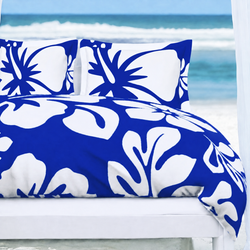Royal Blue & White Hawaiian Flowers Duvet Cover – Large Scale – Extremely Stoked® Eco Luxe Beach Bedding