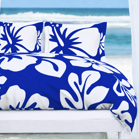 Royal Blue & White Hawaiian Flowers Duvet Cover – Large Scale – Extremely Stoked® Eco Luxe Beach Bedding