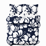 Navy Blue & White Hawaiian Flowers Duvet Cover – Large Scale – Extremely Stoked® Eco Luxe Beach Bedding