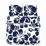 Navy Blue Hawaiian Flowers on White Duvet Cover – Large Scale – Extremely Stoked® Eco Luxe Beach Bedding