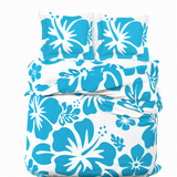 Aqua Blue Hawaiian Flowers on White Duvet Cover – Large Scale – Extremely Stoked® Eco Luxe Beach Bedding