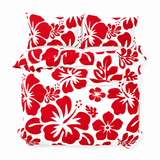Red Hawaiian Flowers on White Duvet Cover – Large Scale – Extremely Stoked® Eco Luxe Beach Bedding