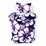 Navy Blue, Purple & White Hawaiian Flowers Duvet Cover – Large Scale – Extremely Stoked® Eco Luxe Beach Bedding