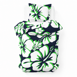 Navy Blue, Lime Green & White Hawaiian Flowers Duvet Cover – Large Scale – Extremely Stoked® Eco Luxe Beach Bedding