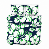 Navy Blue, Lime Green & White Hawaiian Flowers Duvet Cover – Large Scale – Extremely Stoked® Eco Luxe Beach Bedding