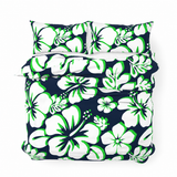Navy Blue, Lime Green & White Hawaiian Flowers Duvet Cover – Large Scale – Extremely Stoked® Eco Luxe Beach Bedding