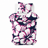Navy Blue, Hot Pink & White Hawaiian Flowers Duvet Cover – Large Scale – Extremely Stoked® Eco Luxe Beach Bedding