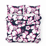 Navy Blue, Hot Pink & White Hawaiian Flowers Duvet Cover – Large Scale – Extremely Stoked® Eco Luxe Beach Bedding