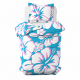 Aqua Blue, Pink & White Hawaiian Flowers Duvet Cover – Large Scale – Extremely Stoked® Eco Luxe Beach Bedding
