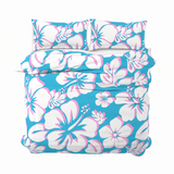 Aqua Blue, Pink & White Hawaiian Flowers Duvet Cover – Large Scale – Extremely Stoked® Eco Luxe Beach Bedding