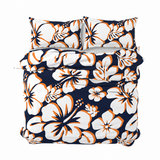 Navy Blue, Orange & White Hawaiian Flowers Duvet Cover – Large Scale – Extremely Stoked® Eco Luxe Beach Bedding