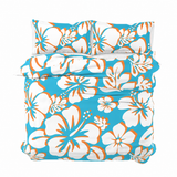 Aqua Blue, Orange & White Hawaiian Flowers Duvet Cover – Large Scale – Extremely Stoked® Eco Luxe Beach Bedding