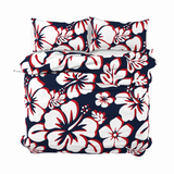Navy Blue, Red & White Hawaiian Flowers Duvet Cover – Large Scale – Extremely Stoked® Eco Luxe Beach Bedding