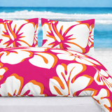 Hot Pink, Orange & White Hawaiian Flowers Duvet Cover – Large Scale – Extremely Stoked® Eco Luxe Beach Bedding