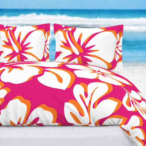 Hot Pink, Orange & White Hawaiian Flowers Duvet Cover – Large Scale – Extremely Stoked® Eco Luxe Beach Bedding