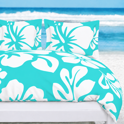 Turquoise & White Hawaiian Flowers Duvet Cover – Large Scale – Extremely Stoked® Eco Luxe Beach Bedding