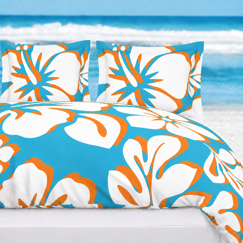 Aqua Blue, Orange & White Hawaiian Flowers Duvet Cover – Large Scale – Extremely Stoked® Eco Luxe Beach Bedding