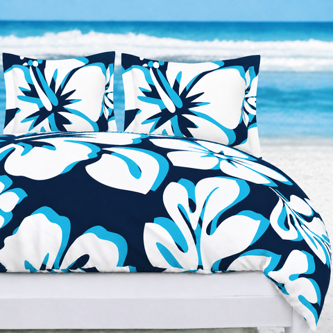 Ocean Blues Hawaiian Flowers Duvet Cover – Large Scale – Extremely Stoked® Eco Luxe Beach Bedding