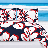 Navy Blue, Red & White Hawaiian Flowers Duvet Cover – Large Scale – Extremely Stoked® Eco Luxe Beach Bedding