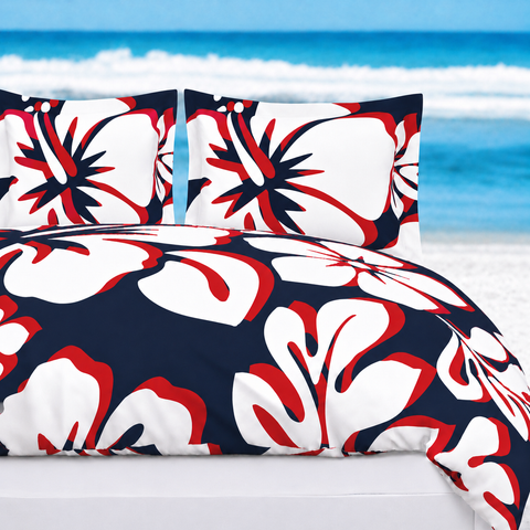 Navy Blue, Red & White Hawaiian Flowers Duvet Cover – Large Scale – Extremely Stoked® Eco Luxe Beach Bedding