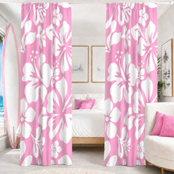 White Hawaiian Flowers on Pink Window Curtains - Extremely Stoked® Eco Beach Luxe Collection - Large Scale