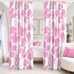 Pink Hawaiian Flowers on White Window Curtains - Extremely Stoked® Eco Beach Luxe Collection - Large Scale