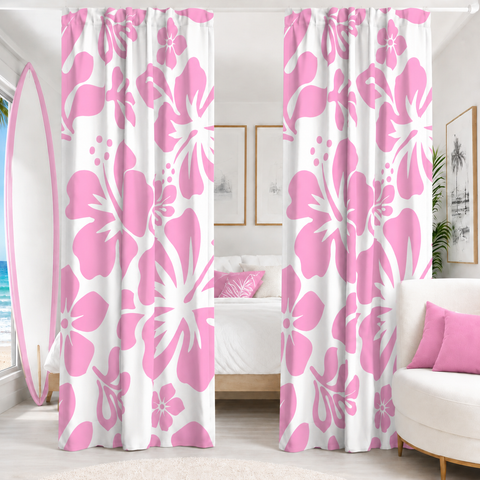 Pink Hawaiian Flowers on White Window Curtains - Extremely Stoked® Eco Beach Luxe Collection - Large Scale