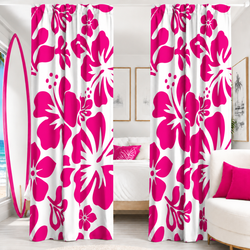 Hot Pink Hawaiian Flowers on White Window Curtains - Extremely Stoked® Eco Beach Luxe Collection - Large Scale