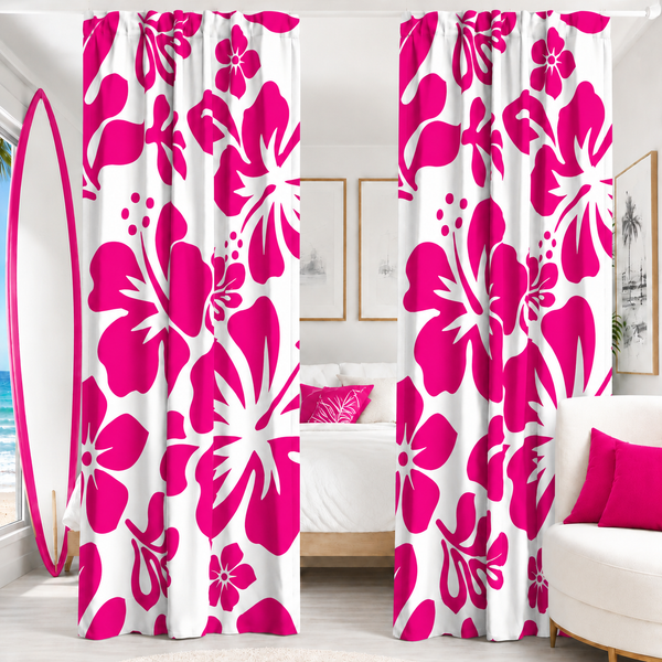 Hot Pink Hawaiian Flowers on White Window Curtains - Extremely Stoked® Eco Beach Luxe Collection - Large Scale