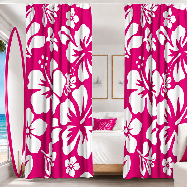 White Hawaiian Flowers on Hot Pink Window Curtains - Extremely Stoked® Eco Beach Luxe Collection - Large Scale