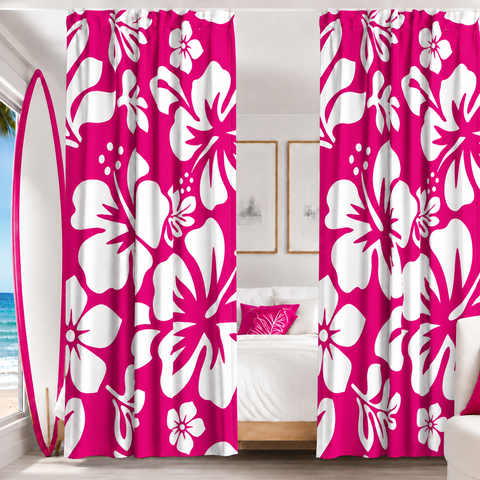 White Hawaiian Flowers on Hot Pink Window Curtains - Extremely Stoked® Eco Beach Luxe Collection - Large Scale