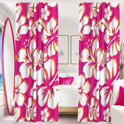 Hot Pink, Orange and White Hawaiian Flowers Window Curtains - Extremely Stoked® Eco Beach Luxe Collection - Large Scale