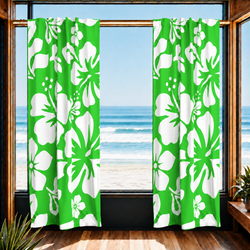 White Hawaiian Flowers on Lime Green Window Curtains - Extremely Stoked® Eco Beach Luxe Collection - Large Scale
