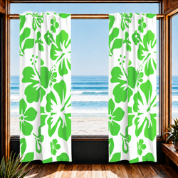Lime Green Hawaiian Flowers on White Window Curtains - Extremely Stoked® Eco Beach Luxe Collection - Large Scale