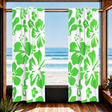 Lime Green Hawaiian Flowers on White Window Curtains - Extremely Stoked® Eco Beach Luxe Collection - Large Scale